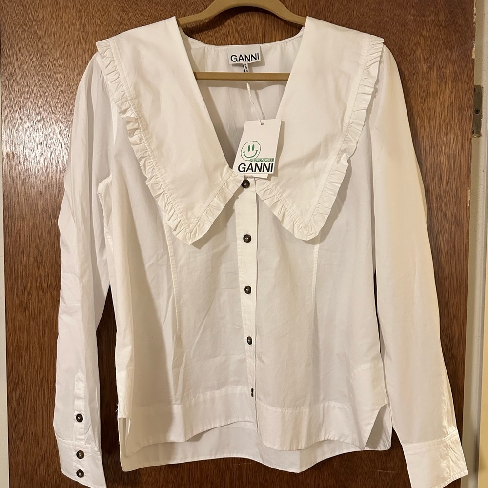 Ganni NWT white poplin collar blouse